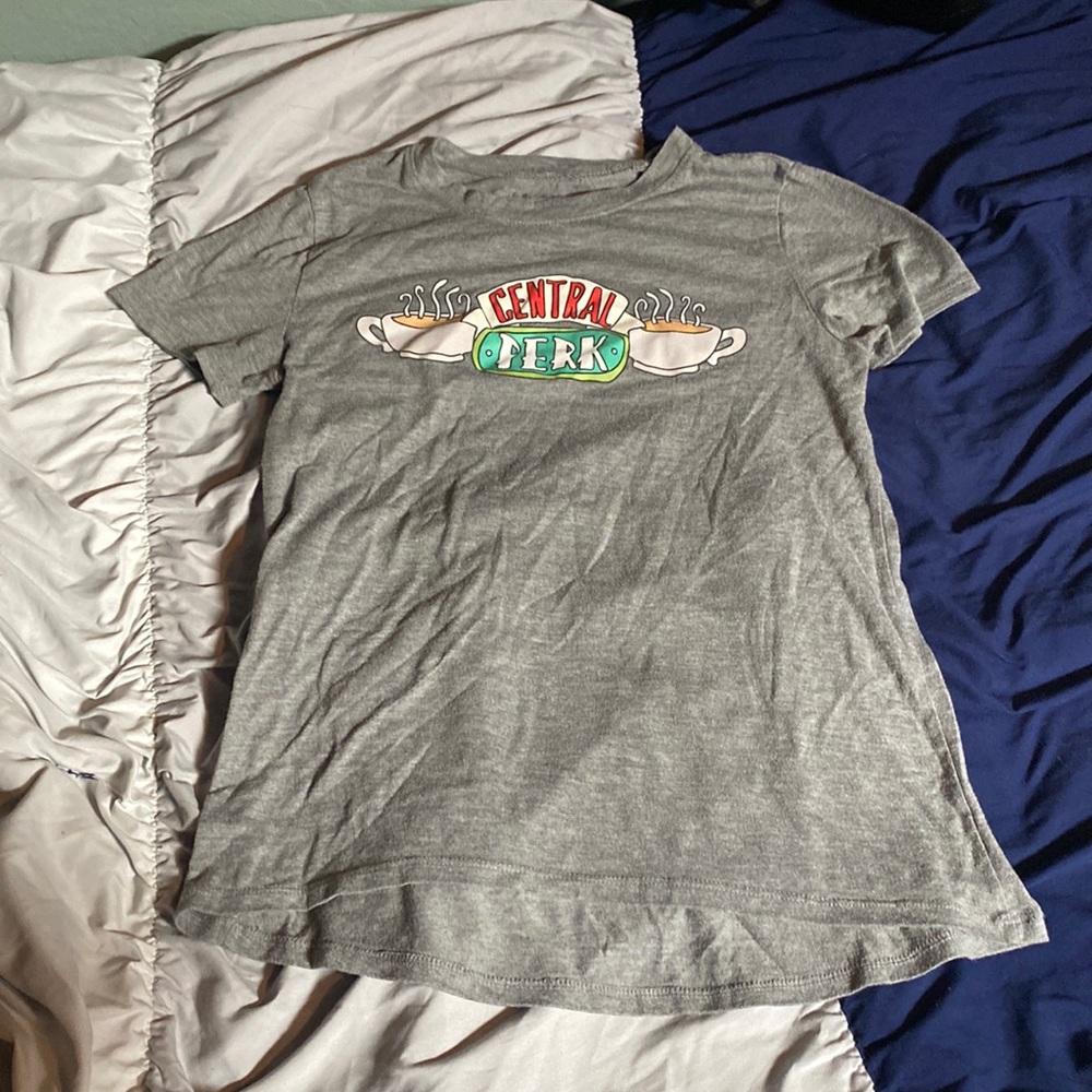 short sleeve, light gray, graphic tee; brand name is F•R•I•E•N•D•S